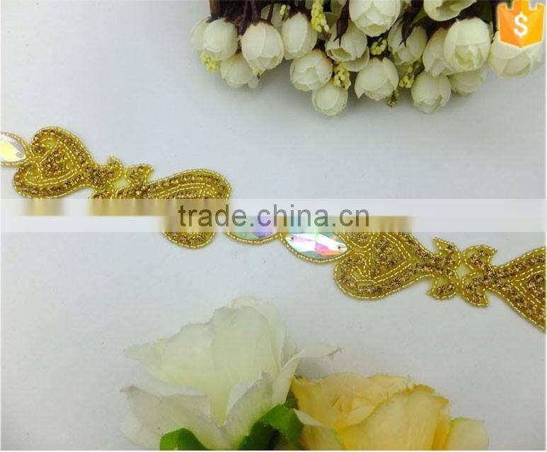 Gold Trim Wedding Bridal Dress Belt Sash Rhinestone Applique