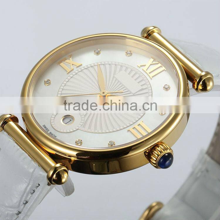 PVD gold ladies stainless steel case steel back watch japan quartz movement Sapphire glass with white double genuine leather