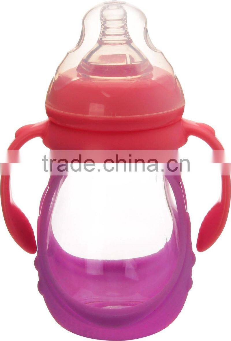 OEM high quality anti cracking borosilicate glass baby bottle with silicone sleeve