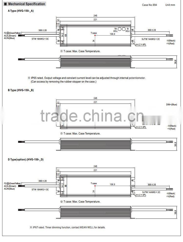 Mean Well 150W 24V led driver street light/ 150W led transformer driver/high power led driver
