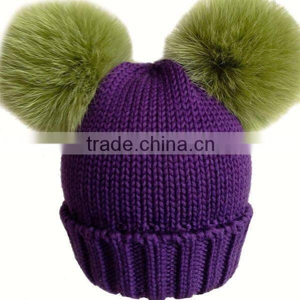 New Design Knitted Wool Baby Beanie Hat with Two Fox Fur Pom poms Balls for Cute Baby