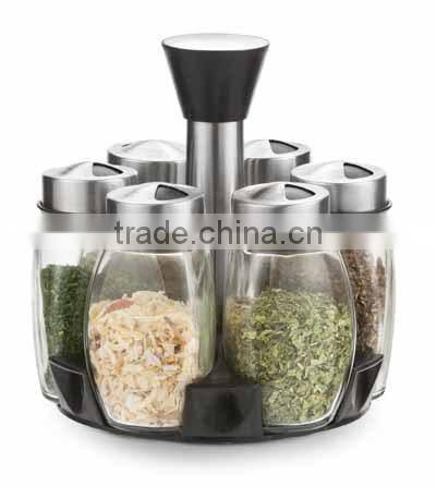 SINOGLASS 6 jars stainless steel cap with lazy susan triangular spice jar rack set