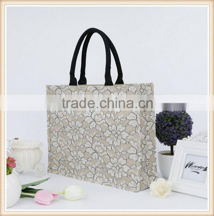 2015 fashion jute shopping bag with lace cover