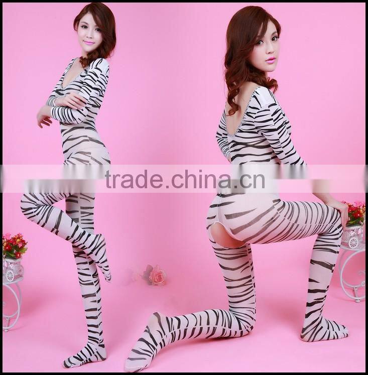 CK06302x sexy lace transparent long-sleeved zebra lingeries bodystocking