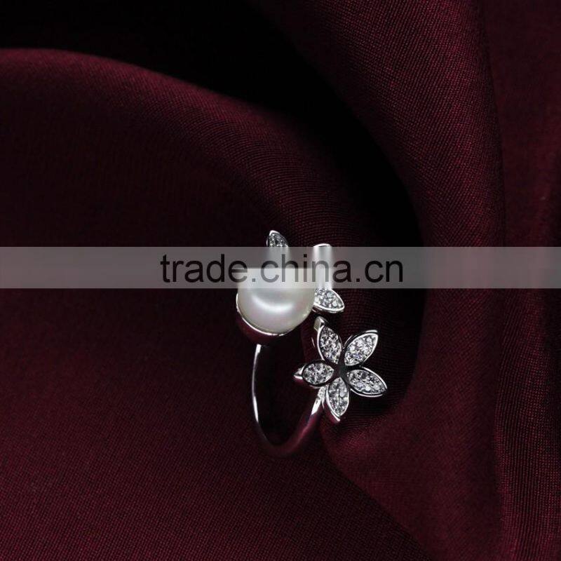 pure white resizable open size latest design natural freshwater pearl silver ring
