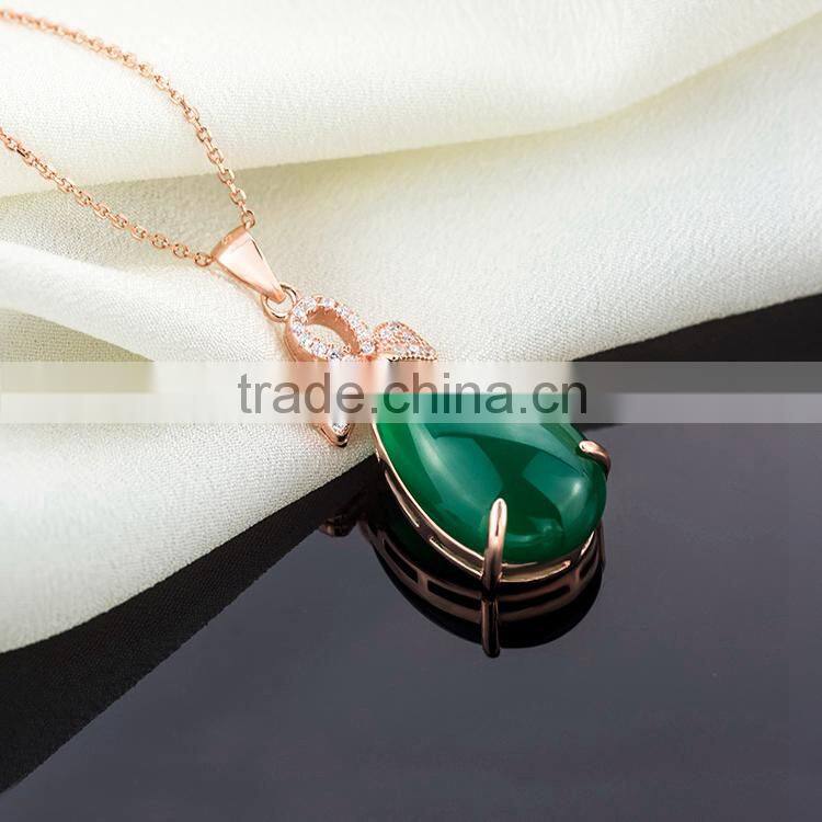 Classic design, 18k real gold plating solid silver necklace fashion jewelry with natural green chalcedony pendant