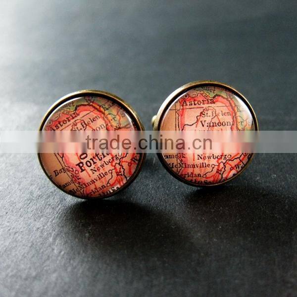 20mm vintage antiqued bronze Portland old map art collage glass cabochon round cufflinks fashion wedding cuff links 6600043