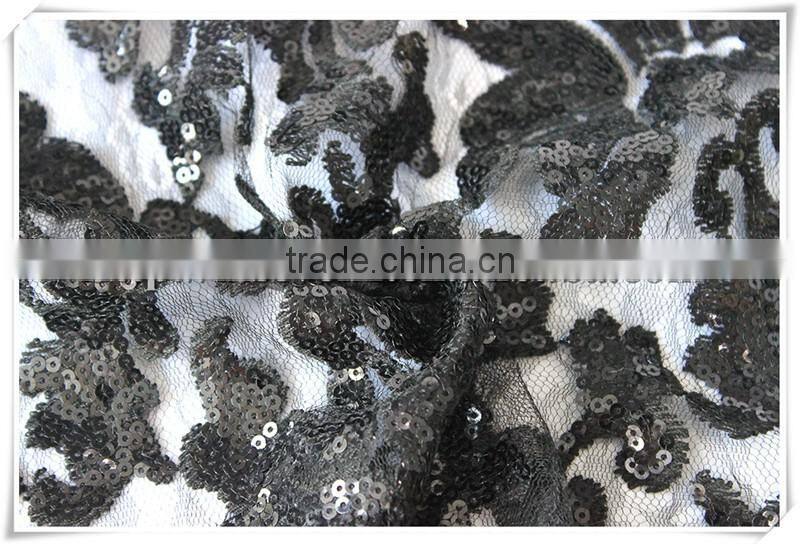 New design round eye net fabric with embroidery sequin, black sequin flower tulle fabric for wedding dress