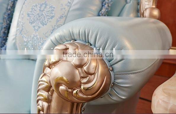 Champagne gold color flower hand carving light blue leather sofa set