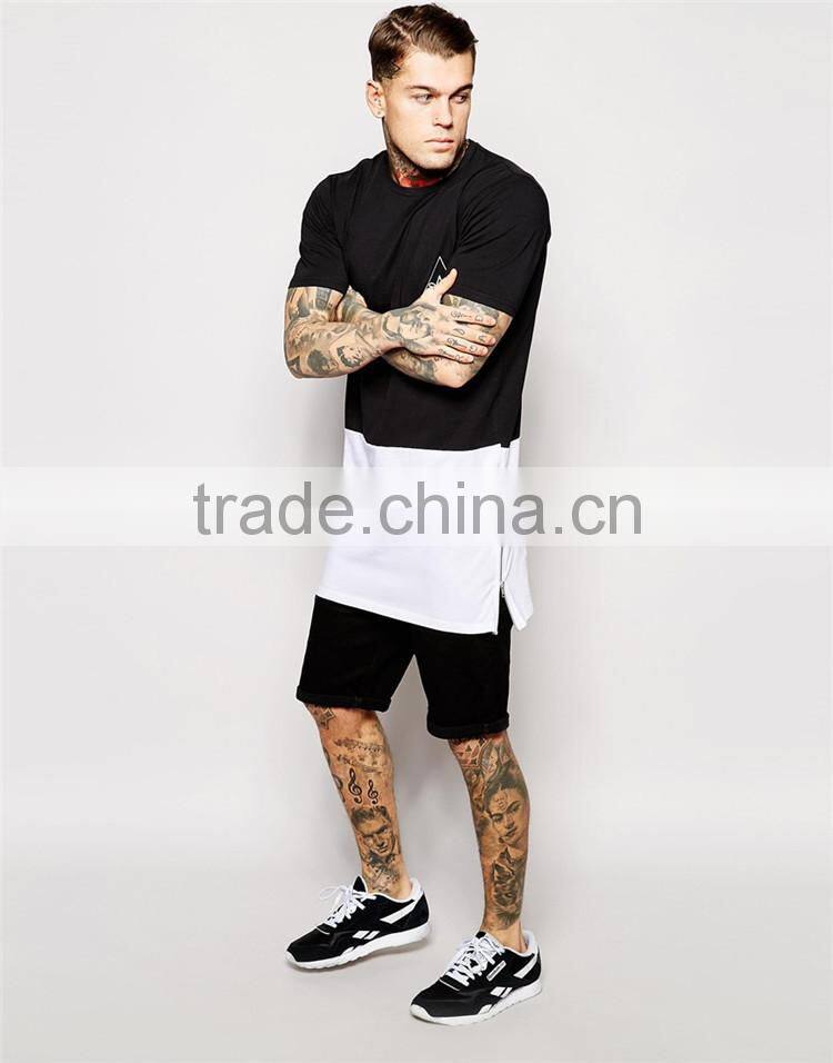 2015 Mens long tee shirt 100% cotton short sleeve long tee shirt with panelling and side zips