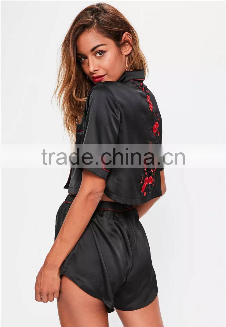 MGOO Embroidered Satin Pajama Set Black Satin Applique Detail Pyjama Set Crop Short Sleeve Button Top With Shorts