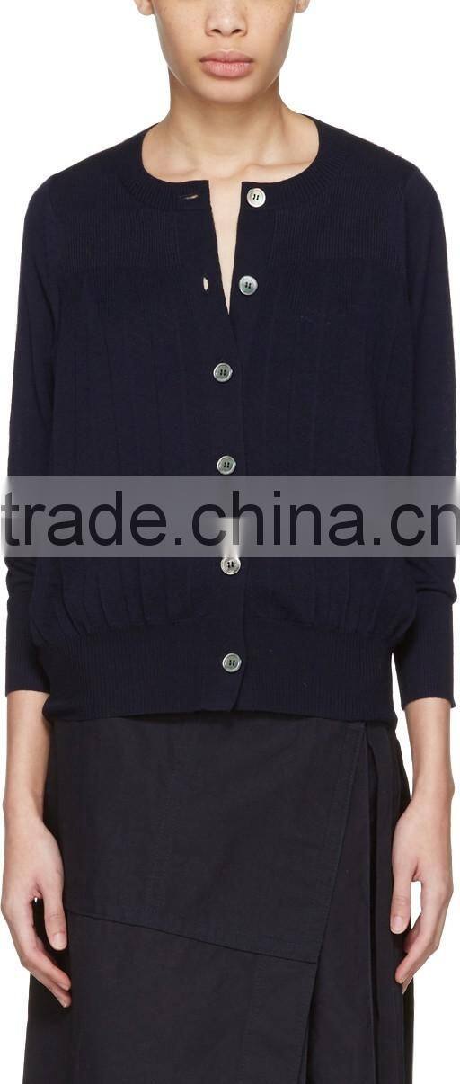 High Quality Long Sleeve Pleated Knit Wool Cardigan with Buttons Closure at Front
