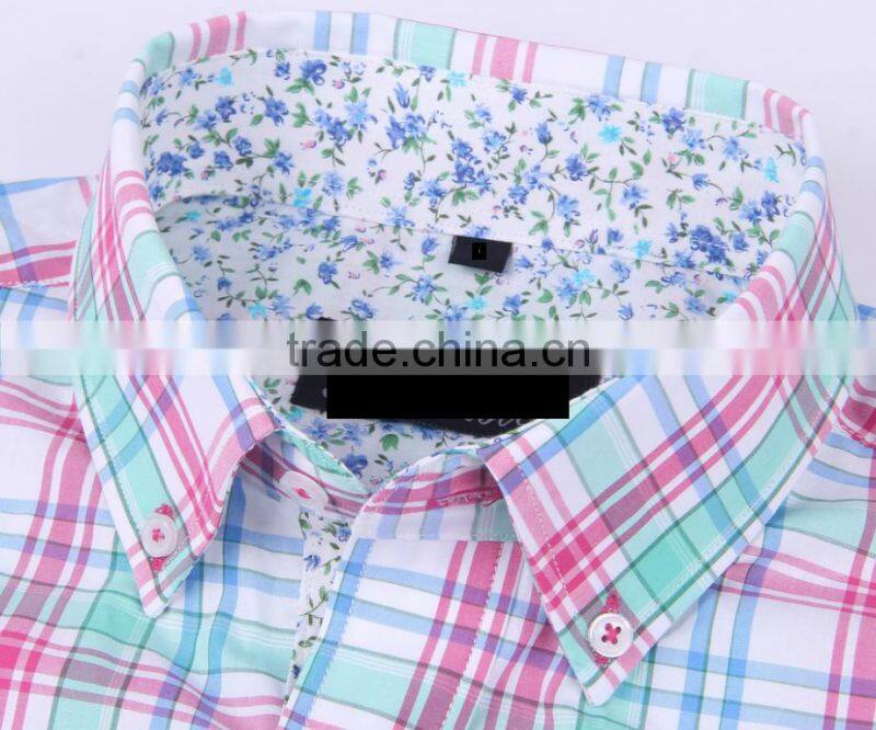 2017 new plaids men's long sleeve button-down slim fit shirt with contrast collar and cuff