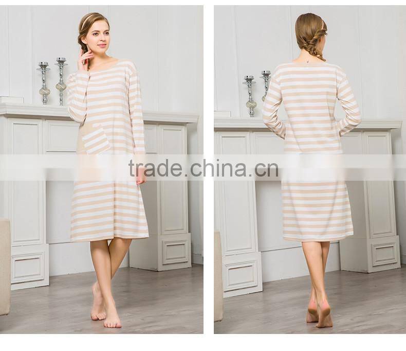 2017 Best Qianxiu Autumn Inner Home Women Lady Girl Cotton Long Sleeved Strip Chinese Women Nightgown