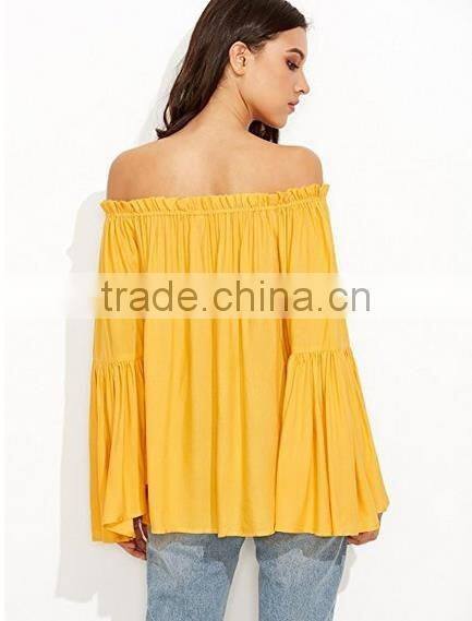 Women lady blouse Off Shoulder Pleated Ruffle Sleeve Blouse Top
