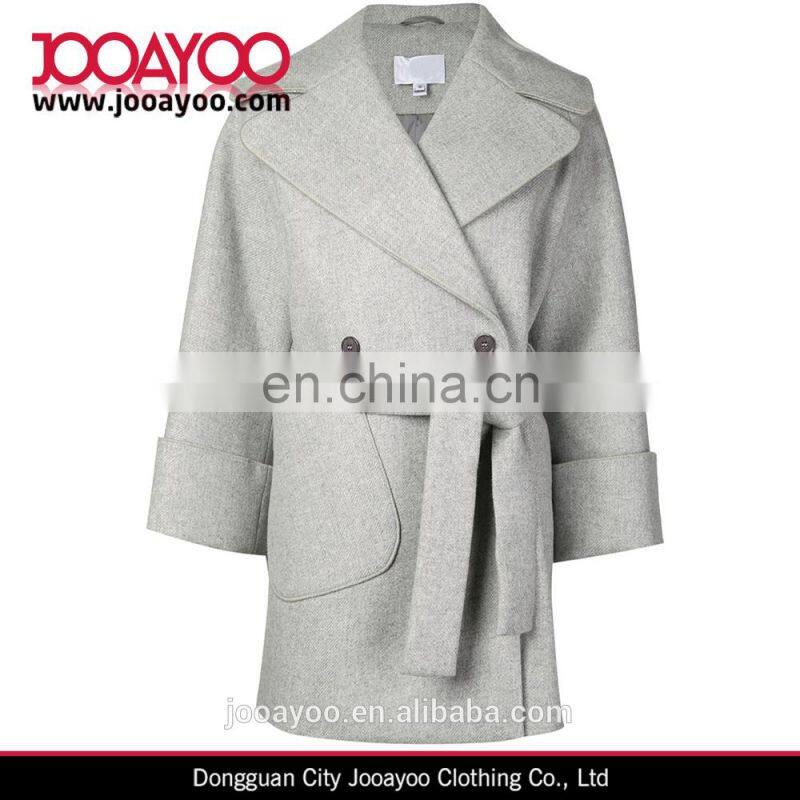 New season women wear light grey virgin wool blend wide lapels double breasted coat