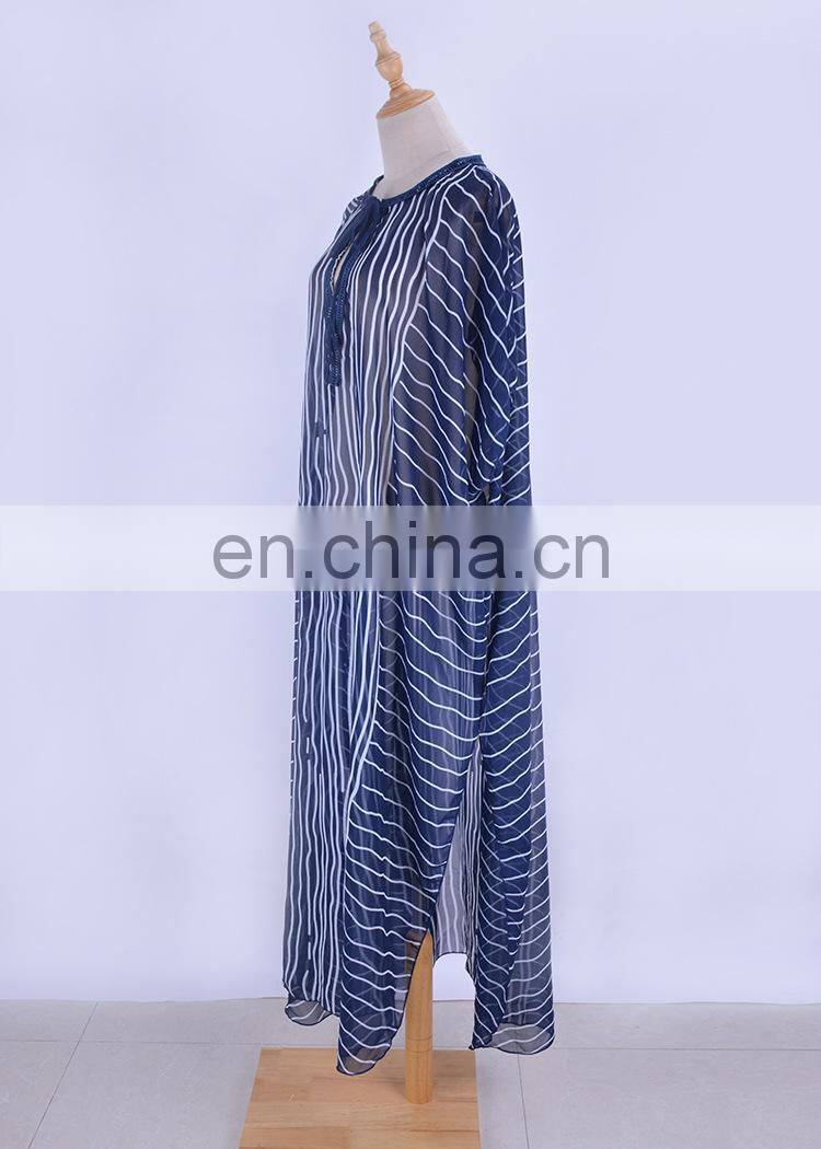 2019 Dark Blue Striped Deep V-Neck Bats Sleeve Loose Summer Dress Beach Kaftan Plus Size Women Beachwear Maxi Dress Sarong