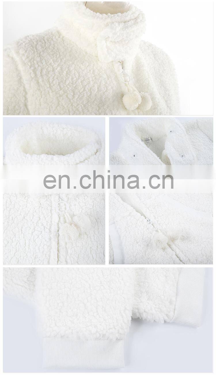 Standing Collar White Super Soft Plush Sherpa Fleece Zipper Bathrobe With Pompom