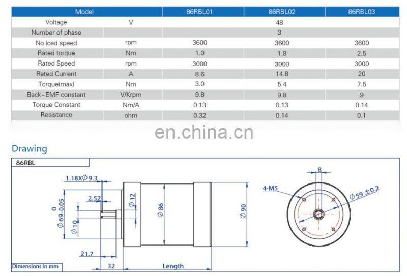 86RBL Round 86mm 48 volt Dc Motor Brushless Option 24v 36v, Big Torque High Power upto 750w