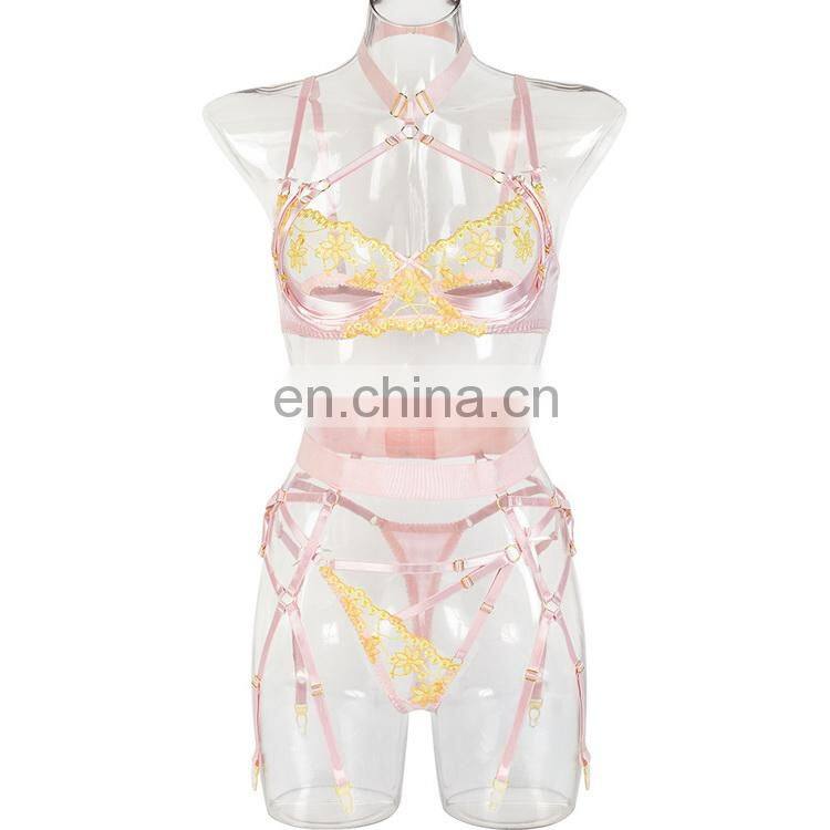 3pcs Hollow Out Pink Bandage Erotic Bra Panties Set Pink Color with Neck Ring 2022 Lingerie