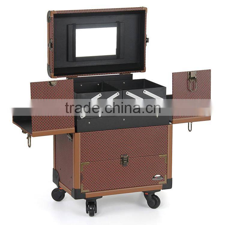 2016 newest design pvc beauty cosmetic makeup trolley case with mirror for beauty salon