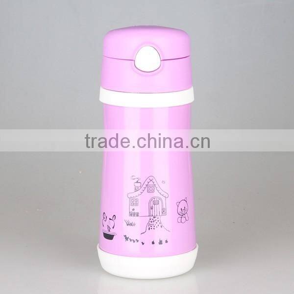 Double wall pink vacuum flask for kids with inner cap straw and carabiner vacuum flask