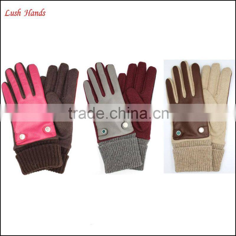 Ladies fashion cheap leather & woolen gloves