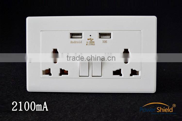 United Arab Emirates / Dubai Type Universal Double outles AC power wall switch socket + 2 USB Charger ports + CE FCC RoHS