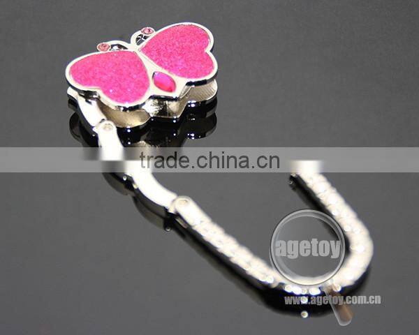 Rose Red Color Shimmering Powder Butterfly Shaped Zinc Alloy Metal Foldable Portable Promotional Bag Hook