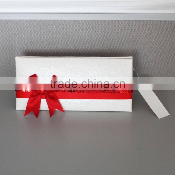 Hot sale attractive golden hardcover folded wedding invitations with paillette ribbons bowkont & crystal decoration