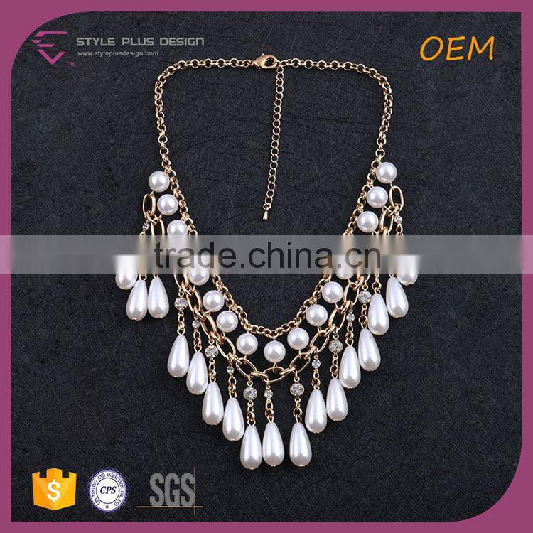 N74438I01 STYLE PLUS shiny gold plate latest design white stone necklace set pearl chain necklace designs for woman