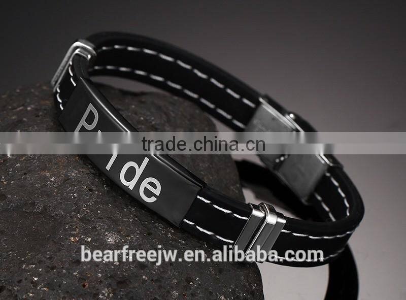 Mens Womens Stainless Steel ID Bracelet Engraved "Pride" for Gay & Lesbian Silicone Chain Black
