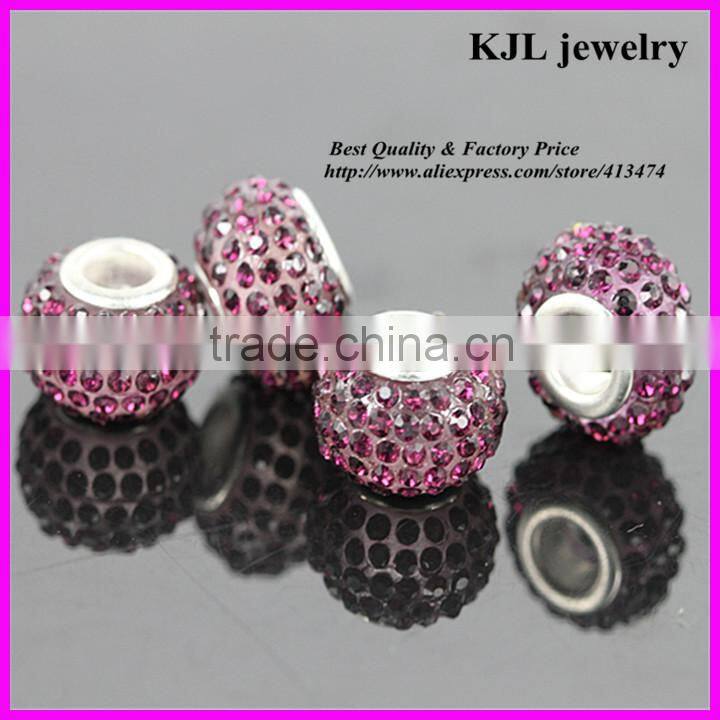 KJL-A0115 wholesale loose bling crystal amethyst paved large hole beads charm silver european beads