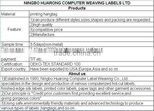 Direct factory clothing printing paper hang tag