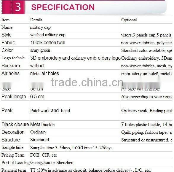 100% cotton twill military cap verclo