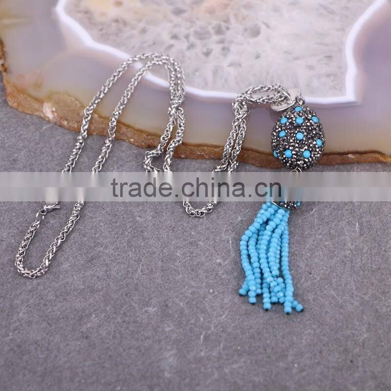 Pave Rhinestone with Crystal Tassel Pendant Stone Chain Necklace, Gem Druzy Pendant, Druzy Tassel Necklace