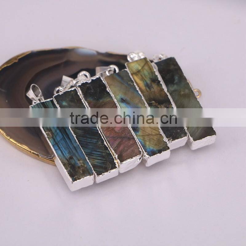 Rectangle Bar Labradorite Pendant, Silver Plated Gem stone Pendant, Rainbow Stone Jewelry