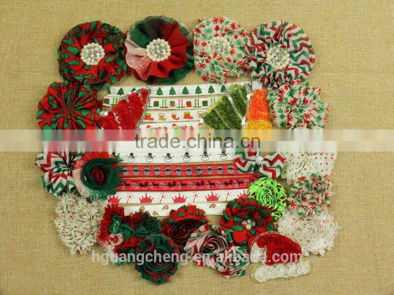 Christmas! handmade chiffon red green rosettes flowers with elastic
