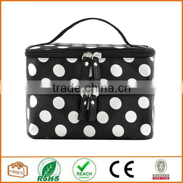 Double Layer Cosmetic Bag Black with White Dot Travel Toiletry Cosmetic Makeup Bag Organizer With Mirror