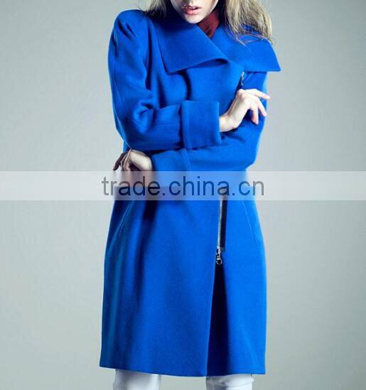 latest ladies quality overcoat blue wool/polyester woman factory wholesale coat
