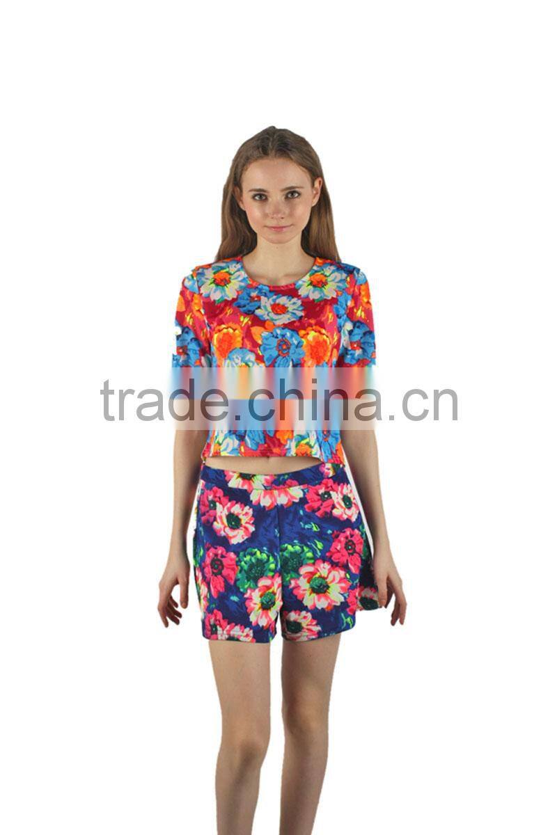 2015 New Fashion Ladies Printed Floral Crop Top Set