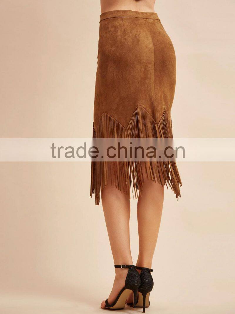 Latest long skirt design Suede fringe trim bodycon skirt ladies designer suits skirt