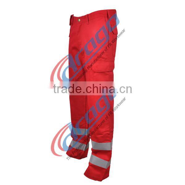 red cotton fire resistant pants with pockets in man legs