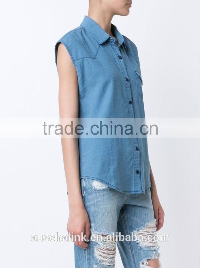 new arrival 100%cotton women sleeveless denim shirts customized