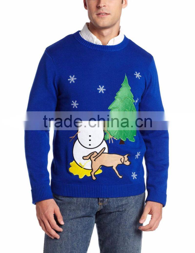 Men Blue Sweater Sad Snowman Pattern Christmas Ugly Sweater