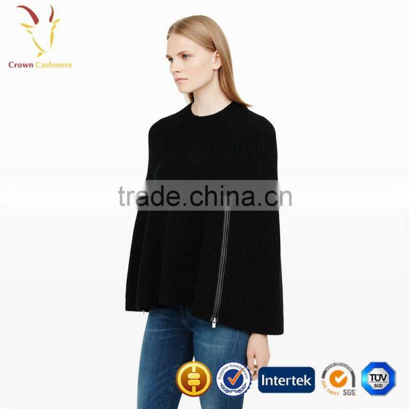 Solid Color Wholesale Wool Hand Knitted Poncho With Zipper