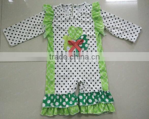 Infant Girl Clothes Open-Seat Long Sleeve Cotton Baby Onesie Green Clover Pattern Knot Bow Organic Cotton Ruffles Romper
