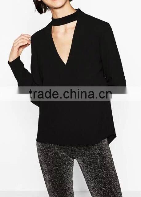 Runwaylover EY2376B Ladies 2017 Deep V-Neck Sexy Pure Color Blouse