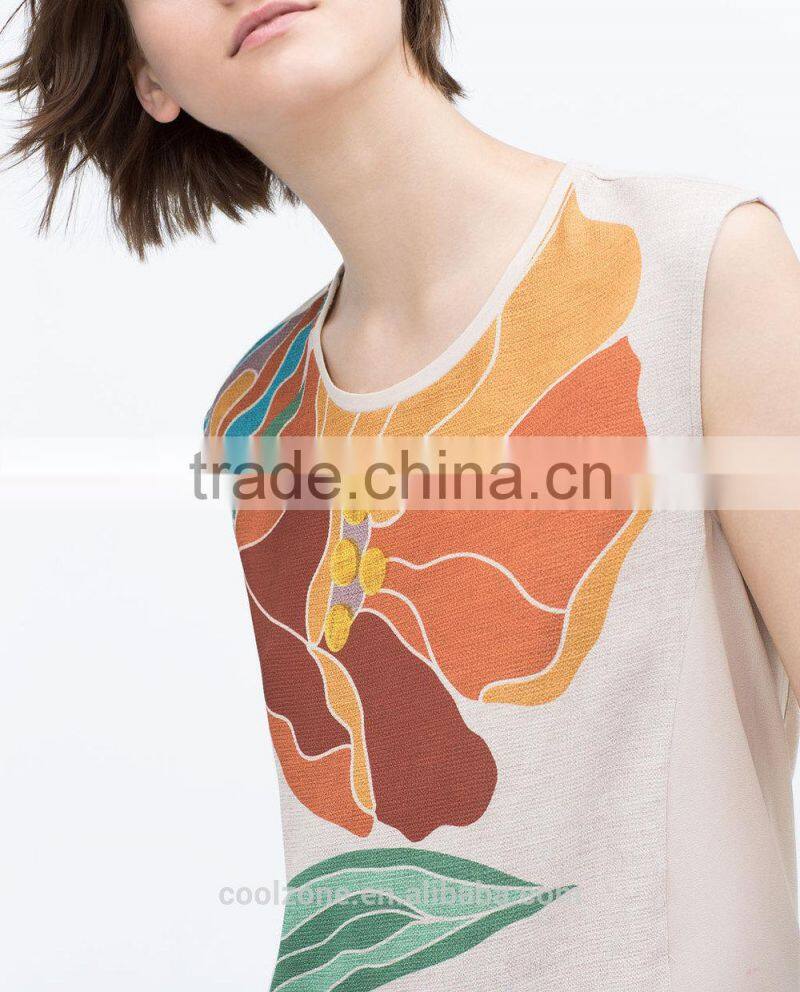 2015 new fashion sleeveless round neck print chiffon lady top designer