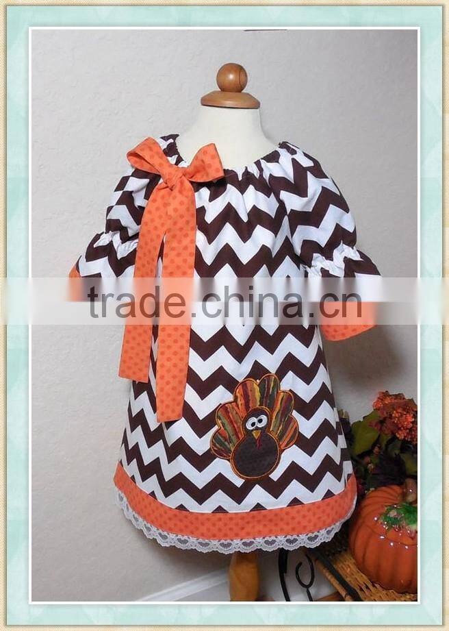 girls turkey dress thanksgiving wholesale boutique kids clothes turkey design frock chevron bowknot dress with lace bottom kids